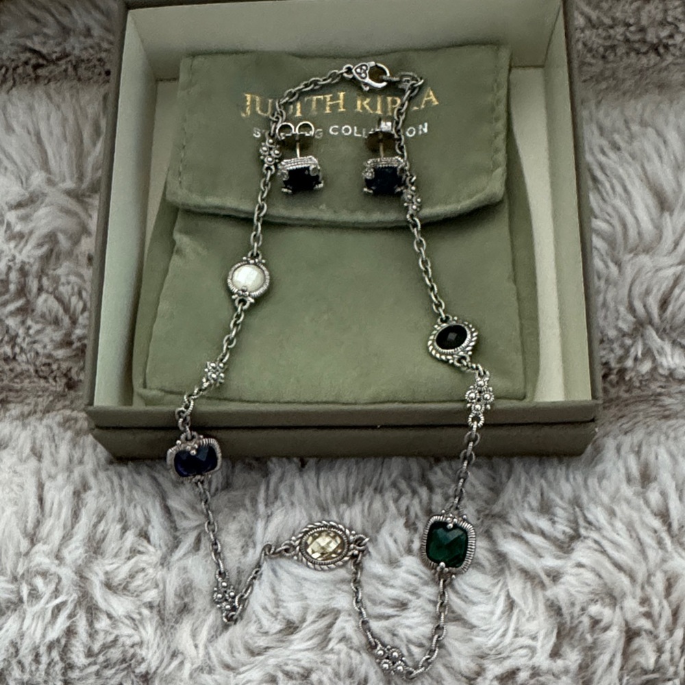 Judith Ripka Silver Necklace and earrings with Blue, Yellow, Green Black Gems.